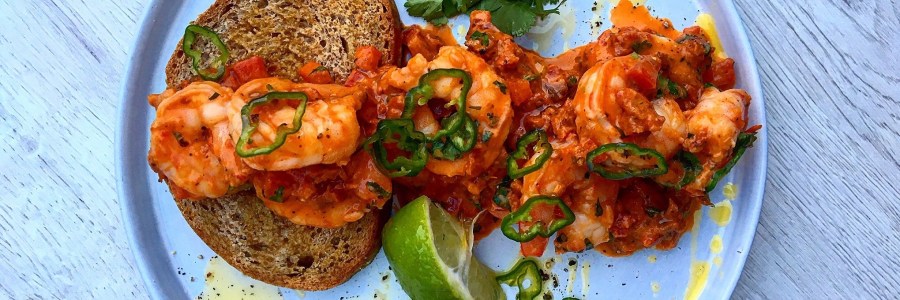 Spicy Gambas on Rye Toast